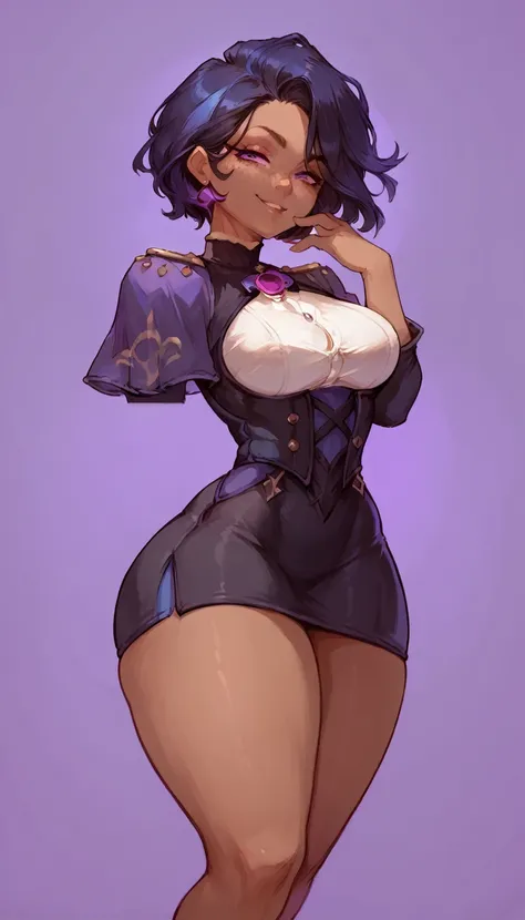 (solo) female , black short hair, woman, attractive ,wearing clorinde outfit, thicc, freckles, freckles on face, smug eyes, (hap...