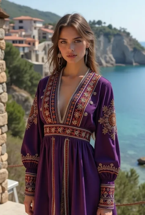 Photo of a very beautiful Russian model girl in a hijab, thin face, wearing a purple-modern  Gucci dress inspired by traditional Albanian clothing. Her outfit includes intricate embroidery of dark blue Xhubleta and warm terracotta Fustanella. wearing high ...