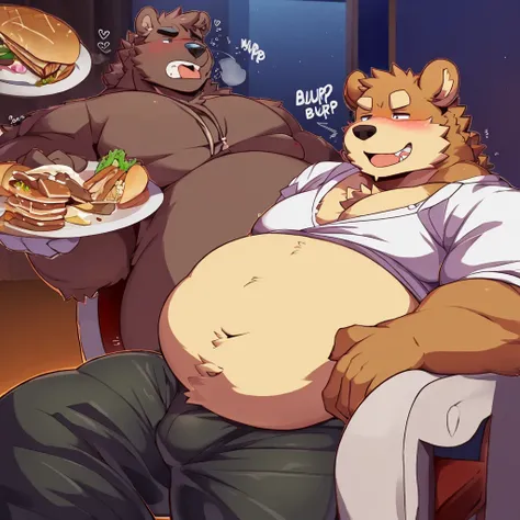 Hot anthro bear, manly, fat, hotel room, ((obese)), ((leaning back on a chair)), ((pushing his gut out)), smirking, ((sexy gaze)), ((round belly)), ((tight shirt)), ((many plates with food)), ((huge fat belly)), ((huge round belly)), ((chef outfit)), ((moa...