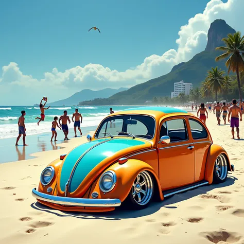 an awesome tuned Beetle on the Copacabana beach in Rio de Janeiro while there are people playing footvolley
