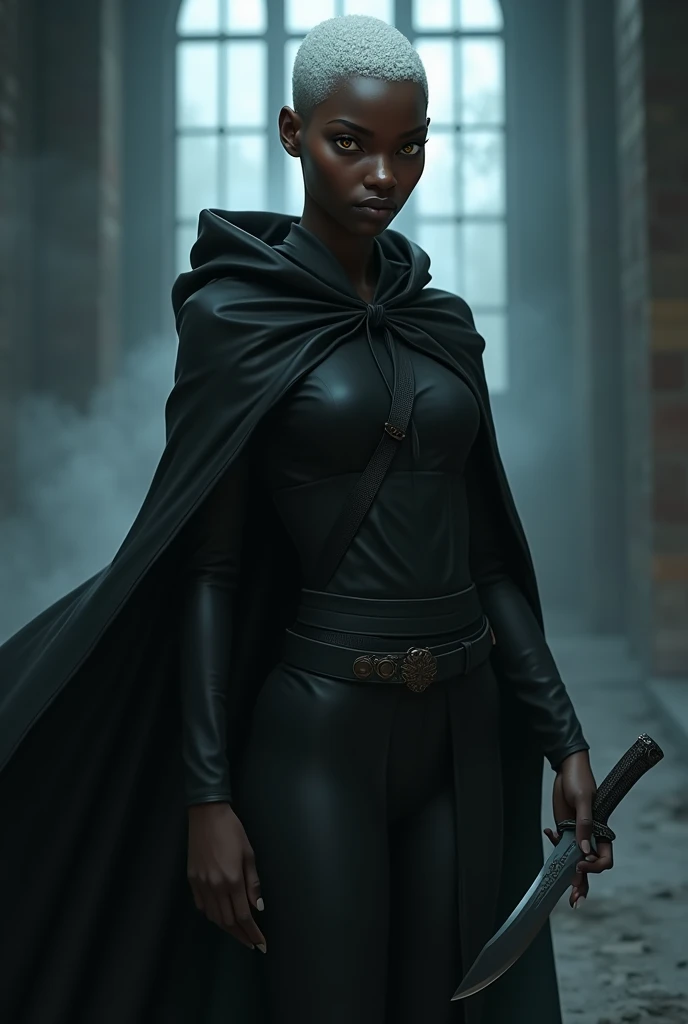 Beautiful young black woman, with short white hair, slightly yellow eyes with a black cape holding a kukri. 