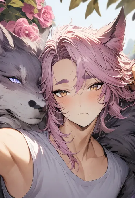 human-wolf hybrid, male teenager, light tan-ish skin, hot pink hair with dark blue streak over bangs, short fluffy haircut with ...