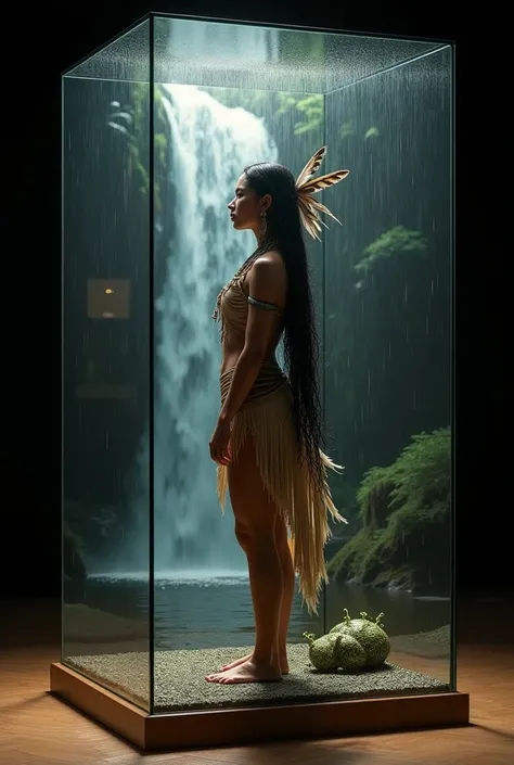 A realistic shrunken-down version of a real-life scene inside a cubic glass display case: a true-to-life depiction of [(((ultra realistic))), colossal breasts, ((ultra-detailed face and eyes: 1.3)) ,(native woman), with very long thick hair, (feathers in h...