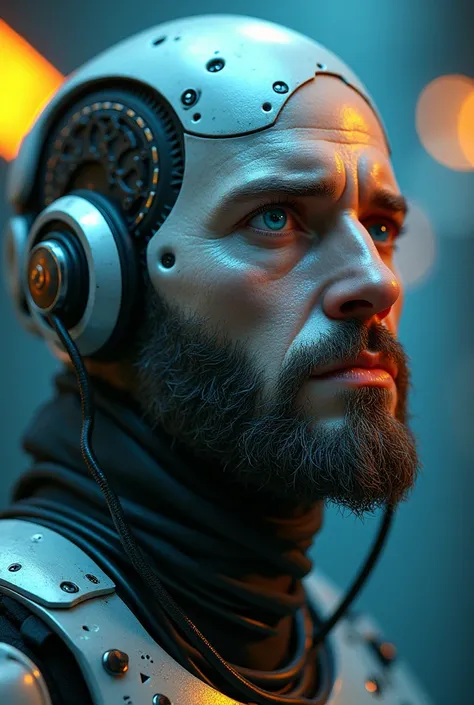 Create a hyperrealistic image of a blue and orange cyborg man in a medium close-up shot looking to the right amazed that he has a human face and a wire beard 