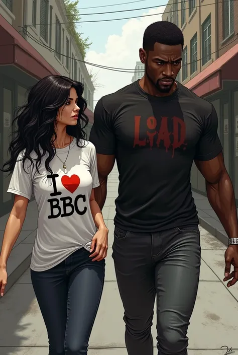 dark haired white woman wearing t-shirt with writing "I love BBC” watching a well-endowed black man walk past her 