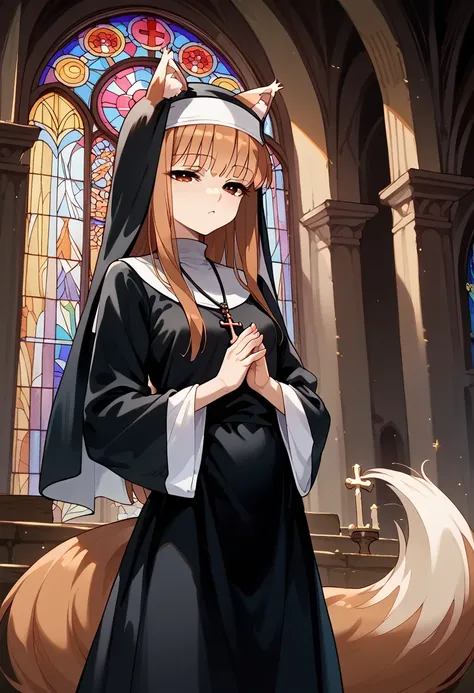 masterpiece,high resolution,best quality,8k
(holo,spice and wolf)white shirt,black skirt
(skinny,small breasts,animal ears and t...