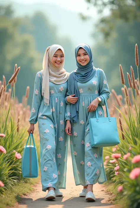 Two chubby women aged 20 years old, beautiful, sweet, charming, wearing light blue hijabs with floral patterns, wearing jewelry, light blue dresses with floral patterns, long and wide blue shoes, walking full body while carrying light blue bags, looking at...