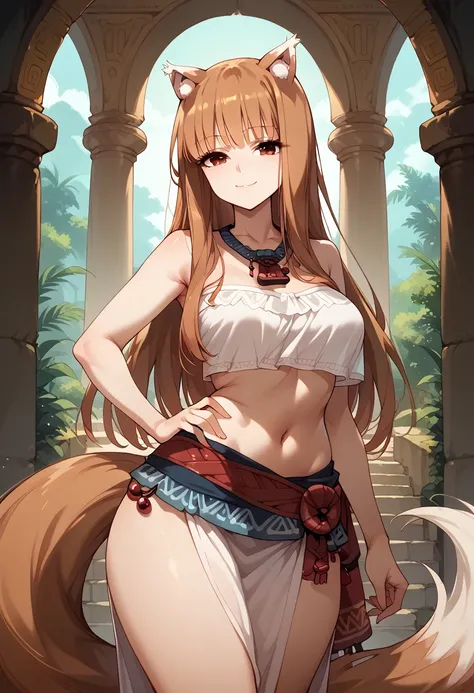 masterpiece,high resolution,best quality,8k
(holo,spice and wolf)
(voluptuous body,busty,huge hip,animal ears and tail)
((wearin...