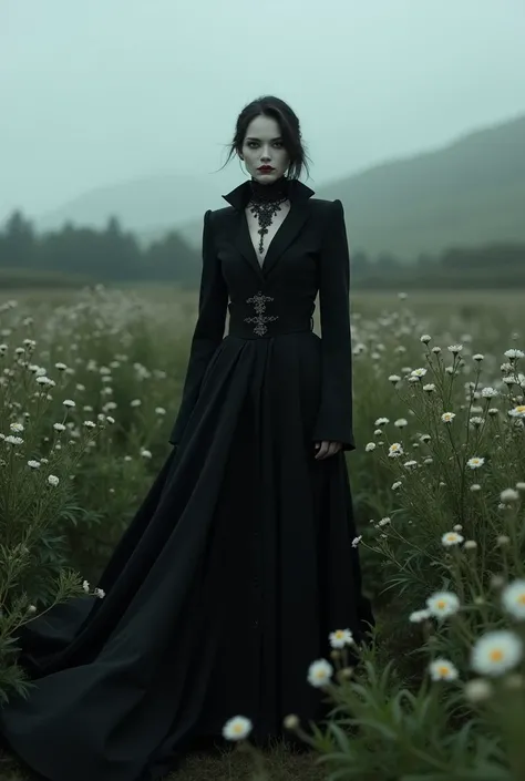 Woman in black coat standing in a field with flowers, Tim Walker style, Mysterious moorland behind her, gothic aesthetic, pale gothic beauty, darkwave gothic aesthetic, gothic horror vibes, dior official editorial, official fashion editorial, gothic influe...