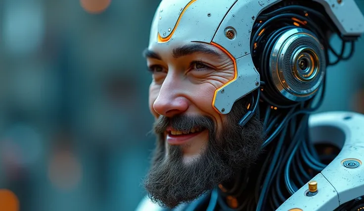 Create a hyperrealistic image of a blue and orange cyborg man with his entire head visible, Take a medium close-up shot and he is looking to the right and he is smiling, he has a human face and a wire beard