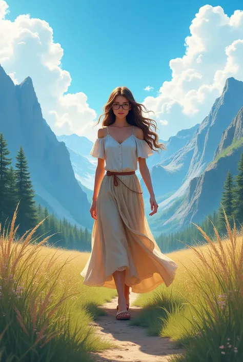 Beautiful woman walking in a valley surrounded by mountains. The woman will have long hair, brown and wavy. The woman will have glasses. The sky will be blue and with many clouds. High definition three-dimensional drawing. long skirt.