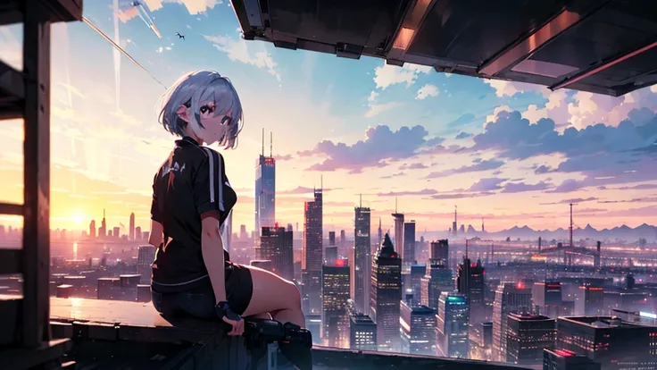 cyberpunk girl with short straight silver hair with purple lines, sitting on top of a building overlooking the metropolitan city, short clothes, looking at the viewer, sunset, scattered clouds, (best quality,4k,8k,highres,masterpiece:1.2),ultra-detailed,(r...