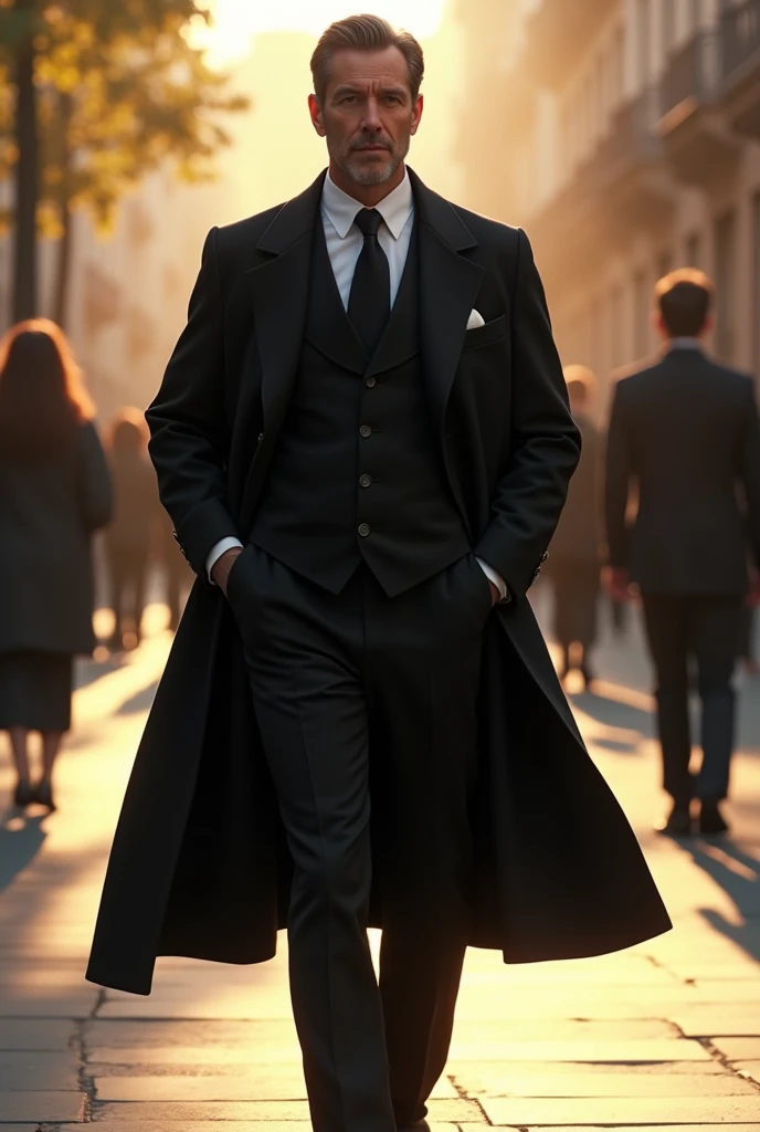 A man in a long black coat, black pants, White shirt, and black dress vest, that is walking on a sunny day 
