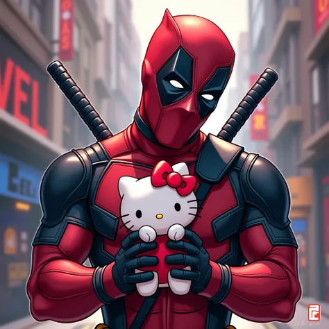 Deadpool with a Hello Kitty plushie. (hot) (cute) (marvel) 