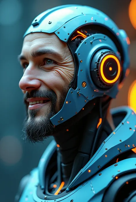 Create a hyperrealistic image of a blue and orange cyborg man with his entire head visible, Take a medium close-up shot and he is looking to the right and he is smiling, he has a human face and a wire beard