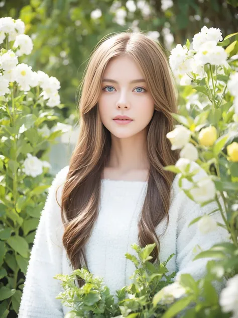 World-famous gurl model wearing Chanel fashion clothes，（long brown hair），（Blue eyes），standing arround her is white flower garden,（white and soft yellow throuser overal） Photograph of clear facial features,beautiful lighting, --ar 3:4  --v 5.2 --upbeta