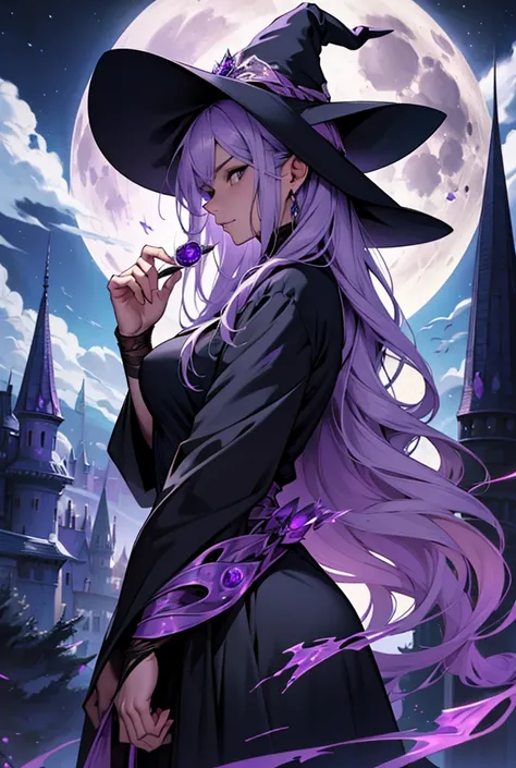 a kind mysterious woman that is wizard black and purple that have amethyst stone in hand in night with full moon in background and wizard hat and amethyst in her hand