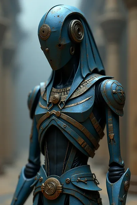 A Slim male Blue rusty warforged, dark Grimm crank gear slender Skinny , Sad, male, Golden details, egypician, pharaoh, Seth, Anubis, mummy , male, Man, masculine, homem, 