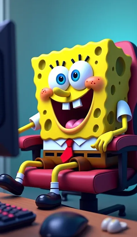 Create an image of spongebob* "sitting in gaming chair in front of table, happy expression, light background. Looking at camera. Frontal shot"