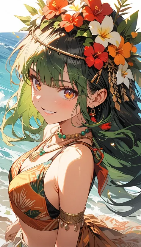 1girl, (((green hair, hime haircut, long hair))), gold eyes, (highest quality, 8k, 4k, High resolution, masterpiece:1.2), Super detailed, anime style:0.9, photorealistic, Bright colors, Depth of the bounds written, blurred background, cowboy_shot, alone,  ...