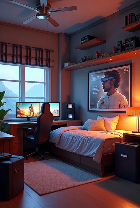 Bedroom arranged in realistic Garena freefire shooting game theme