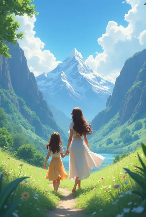 Beautiful woman walking in a valley surrounded by mountains, accompanied by a girl who is also walking. The woman will have long hair, brown and wavy. The woman and girl&#39;s hair is wavy. The woman will have glasses. The girl doesn&#39;t have glasses. Th...