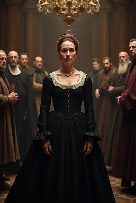 "Mary, Queen of Scots, standing before a grand hall during her trial, wearing a regal black gown with a white lace collar, her face showing calm determination despite the accusations against her, surrounded by noblemen and judges, the tension palpable --ar...