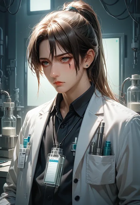 A female scientist in her thirties with a professional yet elegant appearance. has long straight hair, silver in color, collected in a high ponytail. Her skin is clear and soft, with a thin scar visible on his left cheek. His eyes are a deep green that sta...