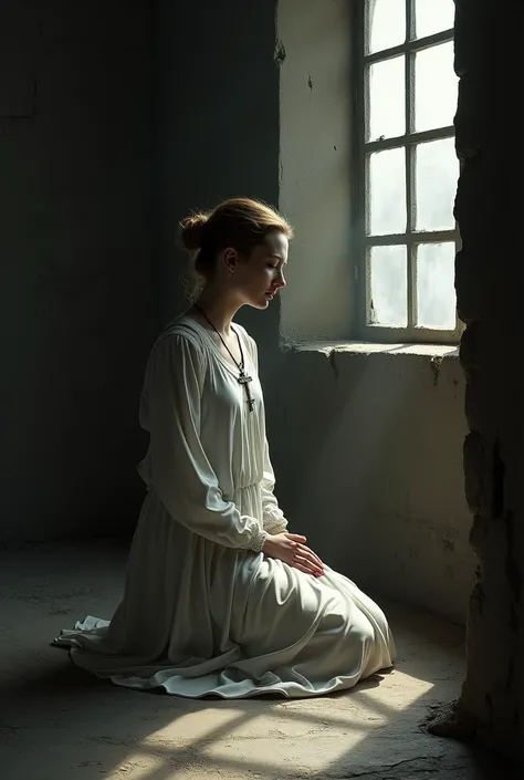 Mary, Queen of Scots, praying on her knees in her prison cell, her hands clasped, wearing a simple white gown and a cross around her neck, the dim light from the window casting long shadows on the stone walls, symbolizing her impending fate --ar 9:16"