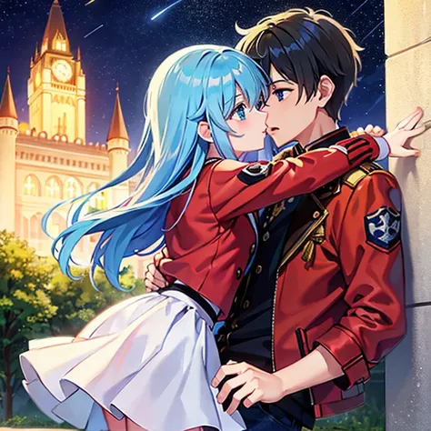 a girl with blue eyes and light blue hair, red blouse with yellow lines and white skirt affectionately kissing a boy with short ...