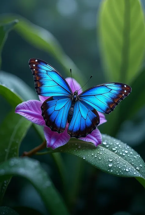 Bergaya photography,Beautiful butterfly with bright blue color with black batik pattern perched on the dewy purple orchid flower in the morning,covered with branches of green leaves wet with dew,on a cold morning,ultra realistic,detail,photography,best qua...