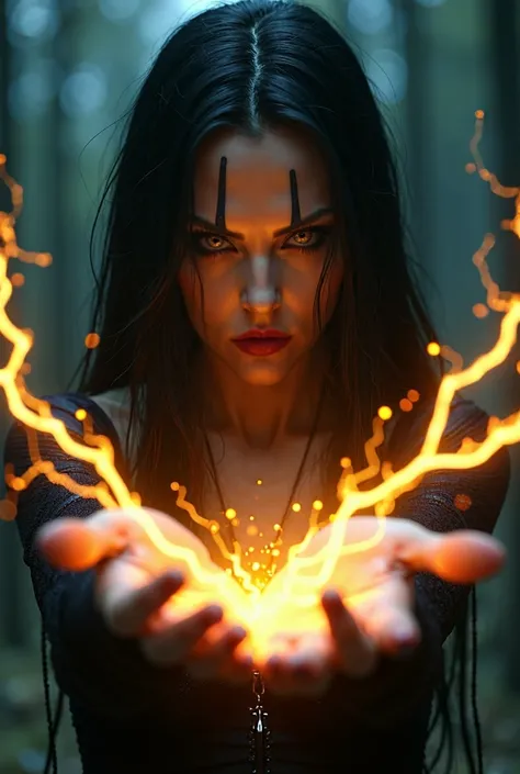 Very detailed, Ultra-high resolution, High Contrast, masterpiece, photo realistic, horrific scene, Full body picture of a gorgeous woman with gold eyes. Golden electricity from her hands, wearing a black edgy leather jacket, long black hair, goth, punk, st...