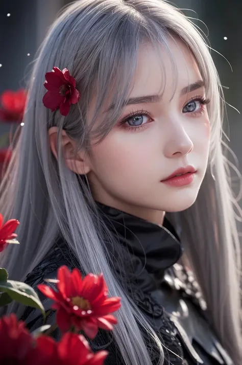 One girl,Alone,One girl,Alone,((Beautiful fine details)), (Detailed light),Depth of written boundary,(Gray Hair),Silver Eyes,Hair falling over one eye,(Red Flower ), Hair Flower,Long Hair,Black Cape,Wet,Emotionless,Looking Back,night,Starfall,it&#39;s rain...