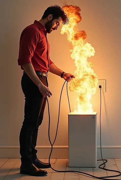 A man in profile wearing black pants and a red shirt and black boots,
Only one is plugging the white box into the socket Now the box explodes and burns the first man&#39;s hair 