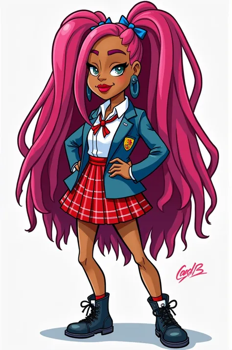 Cardi b with pink dreadlocks wearing school uniform with a red Scottish skirt boondocks animation style full body