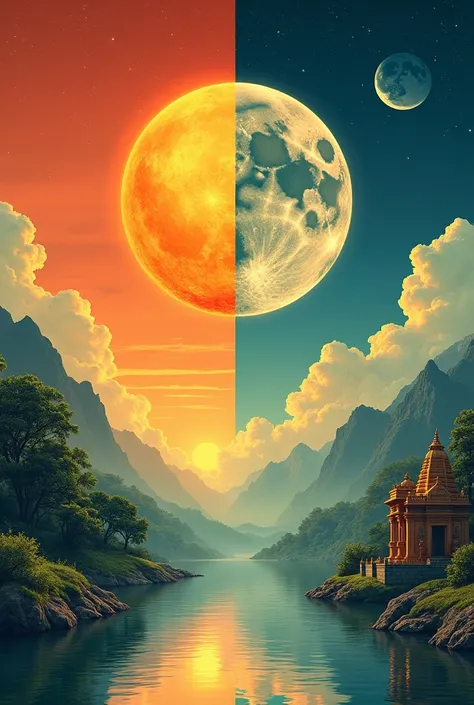 "Sun and Moon collage like half sun with Day sky and half moon with night sky combined with river and tree and a small Hindu temple in background at side of moon aesthetic illustration 1024 × 1600 pixels 