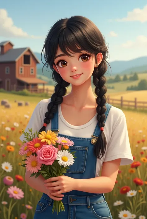 create a woman, brown-eyed, black hair, with two braids. bangs on the forehead, at eyebrow height, white skin, in front of a farm, wearing a dungaree, holding flowers and looking happy 
