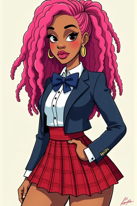 Cardi b with pink dreadlocks wearing school uniform with a red Scottish skirt boondocks animation style full body