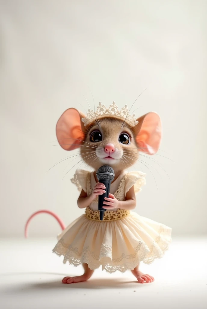 A baby mouse on a white background and he is m&#39;c and is wearing juliet and holding the microphone