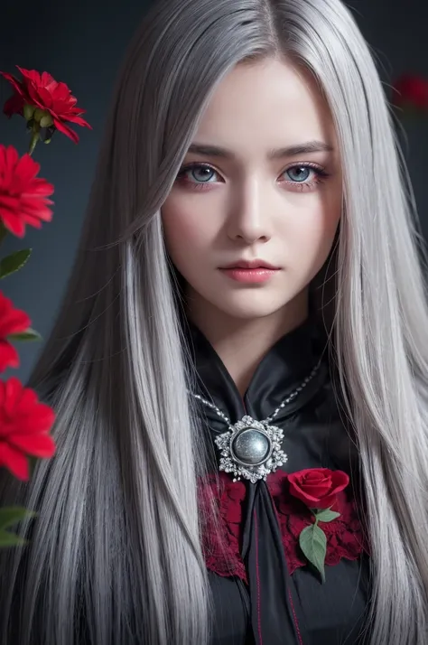 High resolution, masterpiece, accurate, Best Quality, Ultra high definition,One girl,Alone,One girl,Alone,((Beautiful fine details)), (Detailed light),Depth of written boundary,(Gray Hair),Silver Eyes,Hair falling over one eye,(Red Flower ), Hair Flower,Lo...