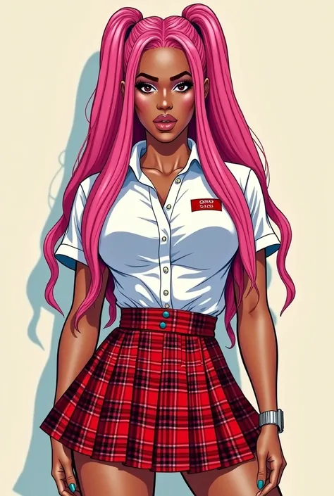 Cardi b with pink dreadlocks wearing school uniform with a red Scottish skirt John person comics style full body