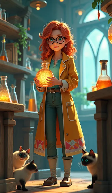 Create a photo of a female scientist with long curly hair wearing a colorful lab coat, wearing round glasses and holding a magic potion, with two Ciamese cats in a magical and themed laboratory in the world of Zelda with the theme of the art of zelda breat...