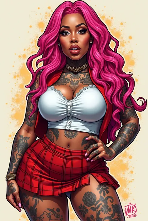 Cardi b full of tattoos with big breasts pink dreadlocks wearing school uniform with a red Scottish skirt John person comics style full body