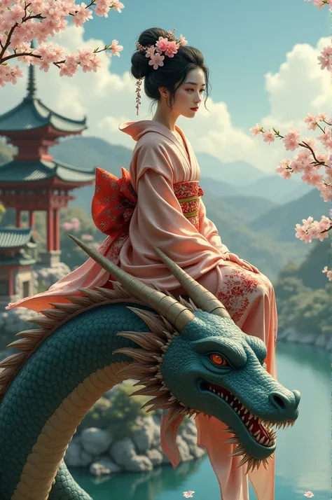 Japanese Geisha riding a dragon 