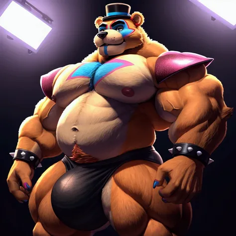 glamrock freddy fazbear, hyper muscular bear, extremely muscular, very hairy, massive bulge, huge cock, huge muscular body, aggressive, standing pose, sexy, musky, fat bulge, cute, father figure, bara, furry, 8k, highres, detailed, sharp focus, vivid color...