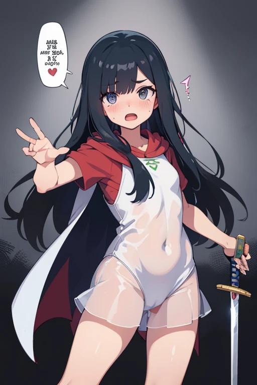 covered in sweat and translucent, grapples with,Cloak of Disrobement, Pokémon Trainer
1girl, solo, long hair, looking at viewer, blush,open mouth,full body vantage, heart, hair over one eye, speech bubble,(((sword)))
Hero girl covered in translucent sweat,...