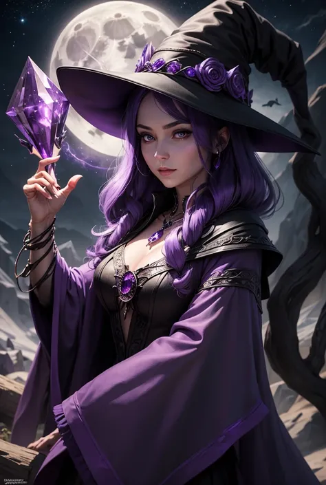 a kind mysterious woman that is wizard black and purple that have amethyst stone in hand in night with full moon in background and wizard hat and amethyst in her hand