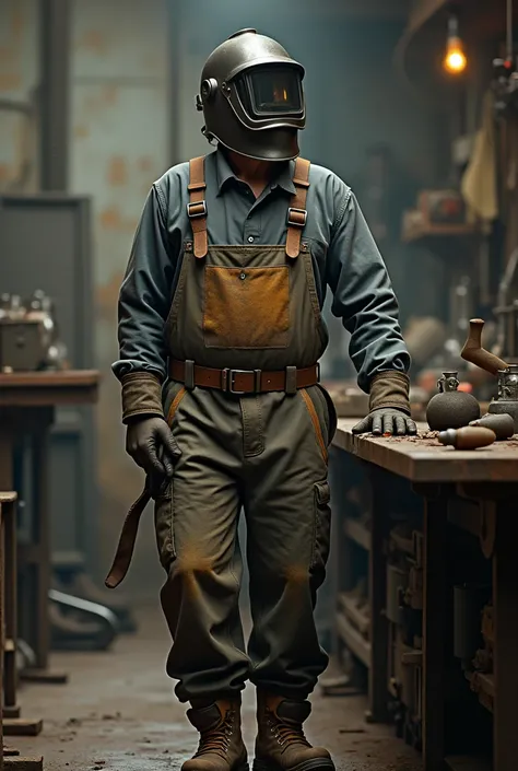 man in his 40s wearing a welder&#39;s suit talking