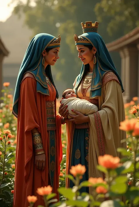 Three thousand years ago, the Pharaoh king of Egypt and his wife are wearing full and beautiful clothes and they are gardeners, Pharaohs wife picks up a baby in a basket and hugs and looks at it, and the photo is from a distance of these two people.