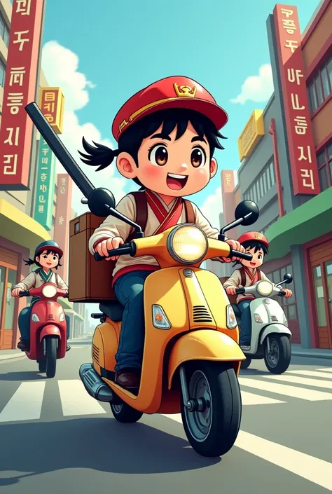 Cartoon of a Korean delivery man on a motorbike with a sword on his back 